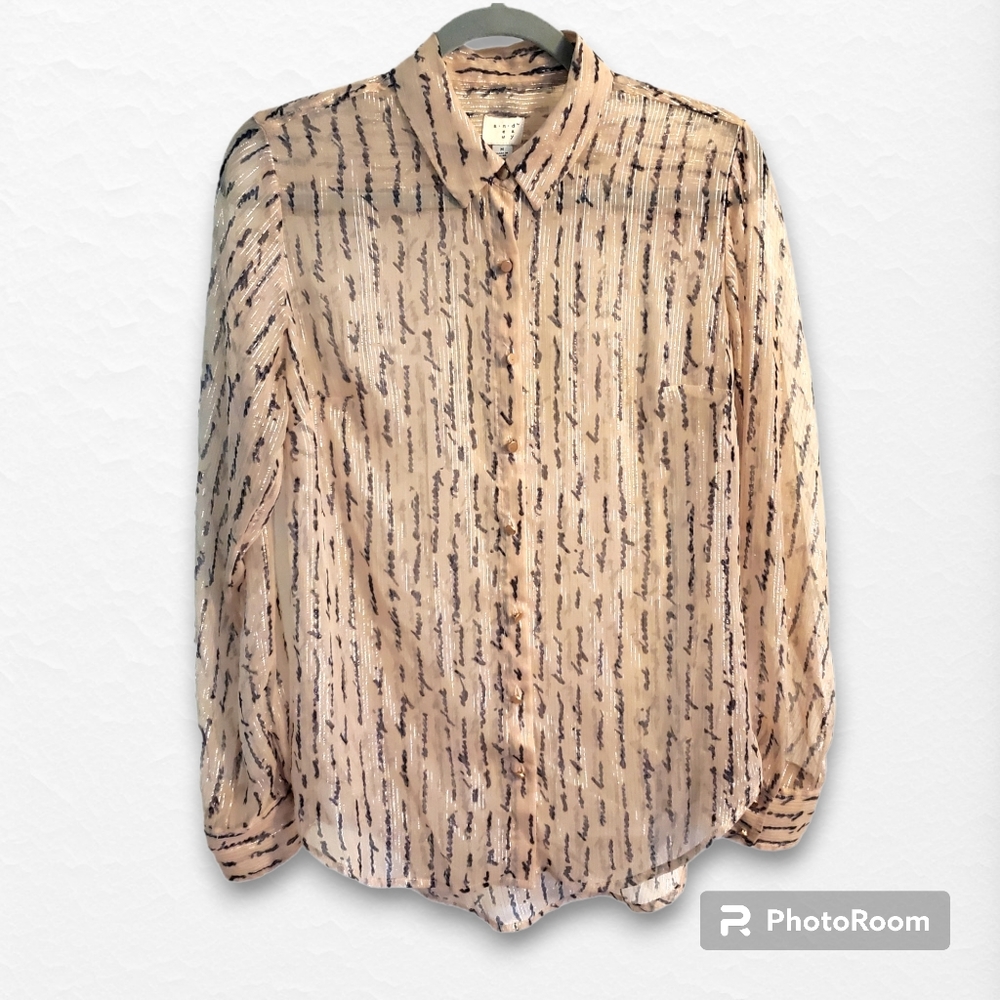 A New Day sheer button-down blouse with metallic accents, size M